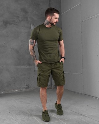Мужской летний тактический костюм олива комплект шорты и футболка 87126 фото